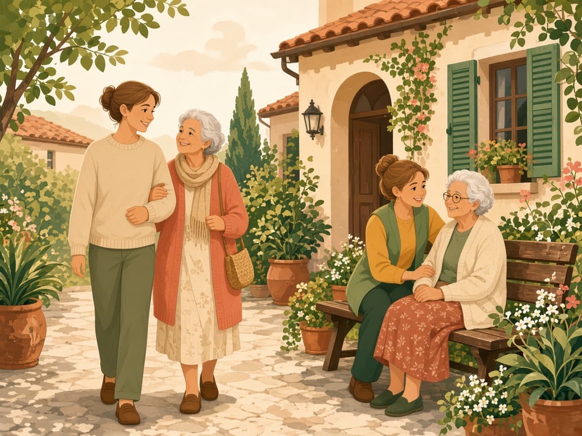 Illustrazione: badanti e persone assistite in un ambiente caldo e familiare